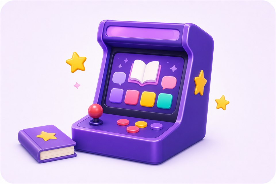 Purple English arcade cabinet with an open book and colourful controls