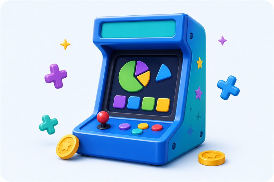 Blue Maths arcade cabinet with fraction pieces and colourful controls