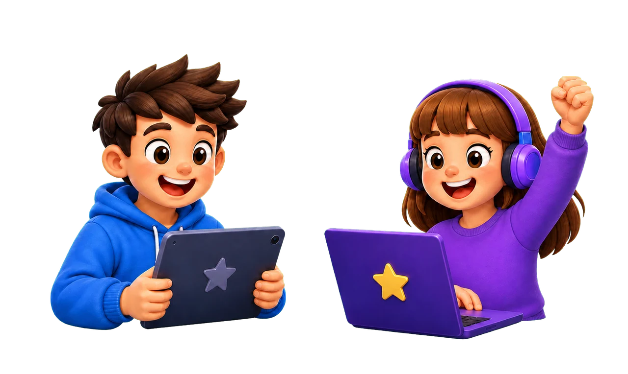Two children enjoying a SATs Arcade learning game on a tablet and laptop