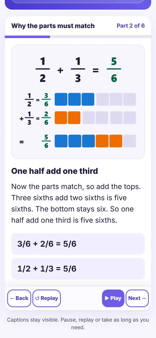 A voiced lesson on adding one half and one third, with fraction bars, captions and Play, Replay and Next buttons