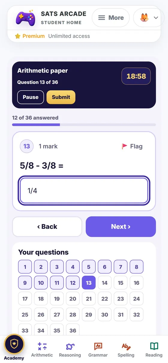 An Arithmetic mock paper in progress: question 13 of 36, a countdown timer, Pause and Submit, a Flag button and a grid of all 36 questions