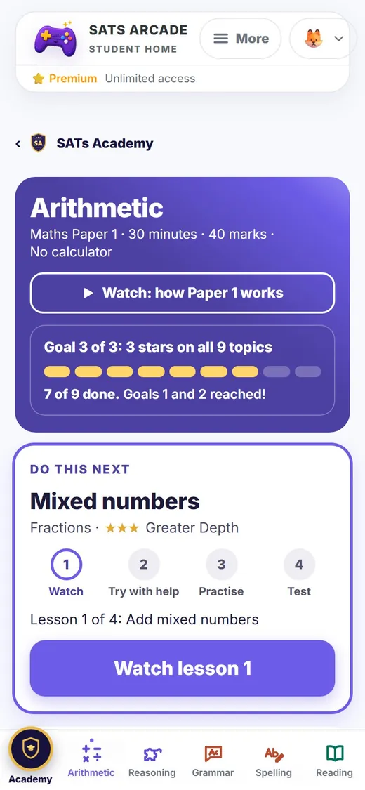 The same Arithmetic paper page on a phone, with Watch lesson 1